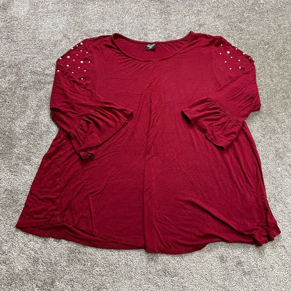 Cal Style Shirt womens 2XL Dark Red Long Flare Sleeve Soft Rayon Pearls Ladies